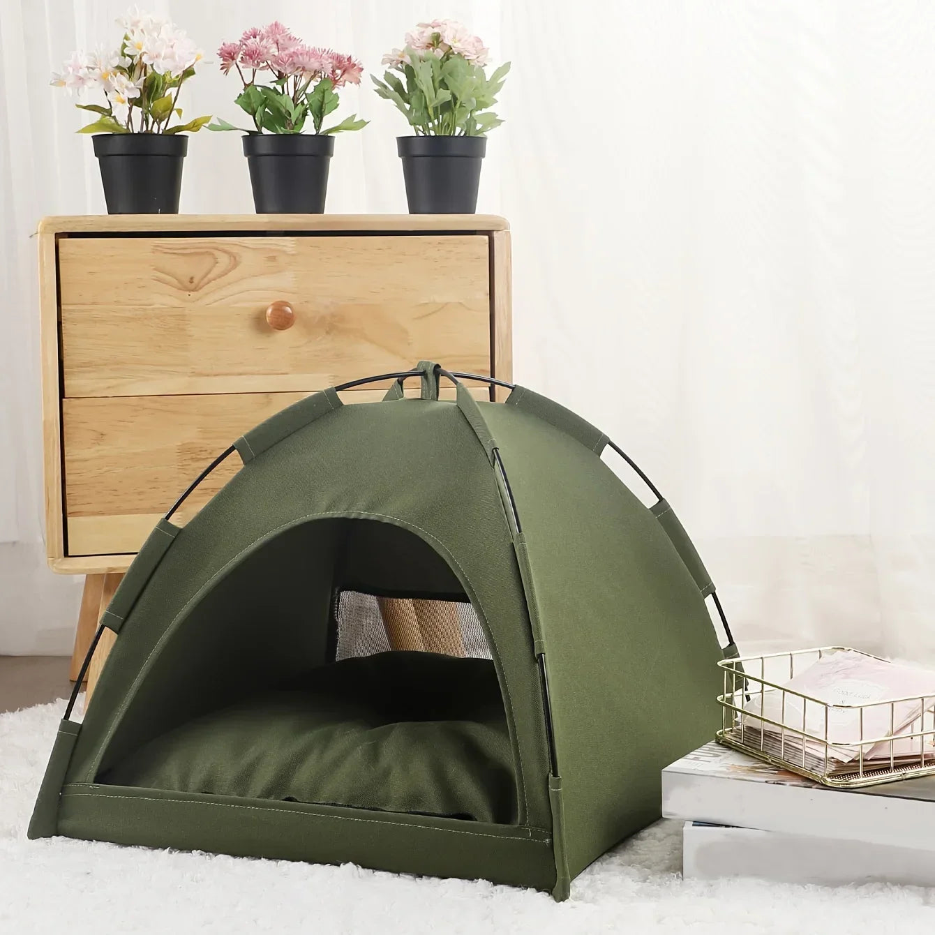 Foldable Pet Tent Bed Removable Cat Sofa Basket Canvas Semi-enclosed Cat House Hut Cat Sleeping Bed for Room Decor Pet Supplies